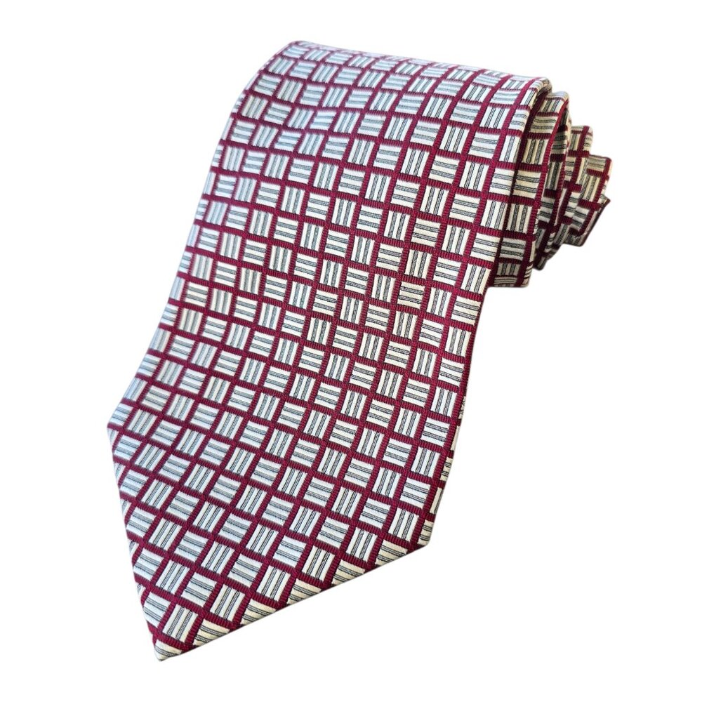 Polo Ralph Lauren Necktie Repp Tie Red Grey Ivory Geometric Silk W4" X L57" VTG